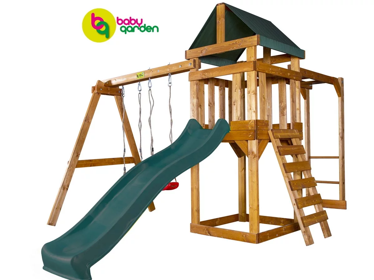 Детская игровая площадка BabyGarden Play 4 DG с рукоходом, качелями и темно-зеленой горкой